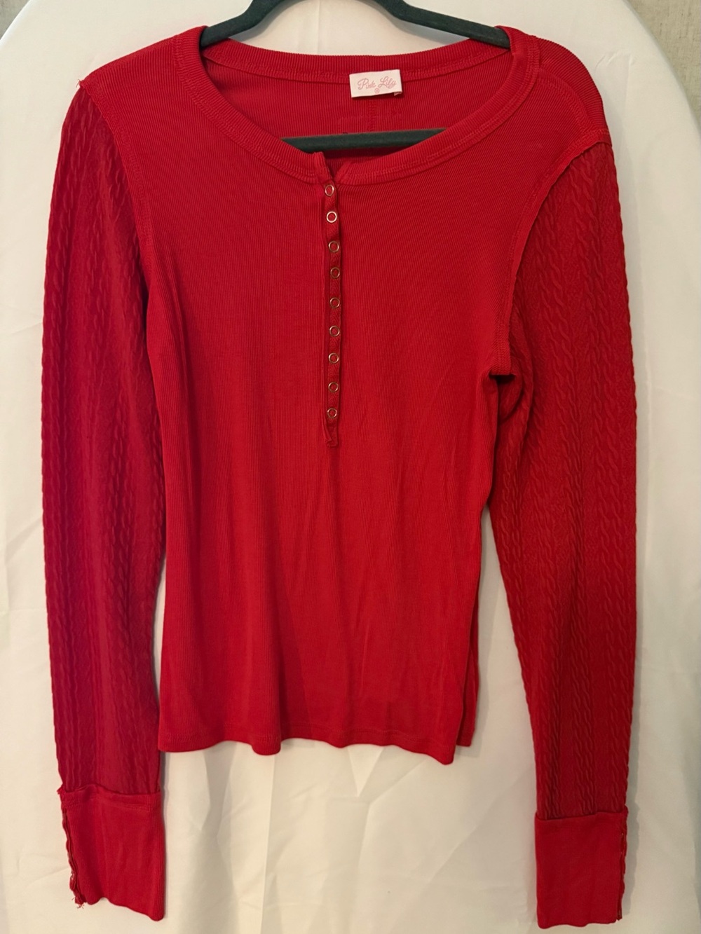 Pink Lily Red Ribbed Henley Long Sleeve Top